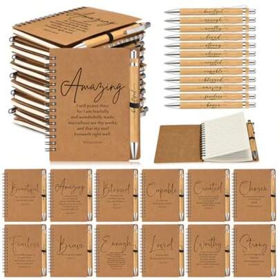 60 Sets Christian Gifts Bulk Inspirational Bible Verse Spiral Notebook And Religious Bamboo Ballpoint Pen Journal With Scripture For Church Member Bible Study Teacher Valentines Holy Week Brown