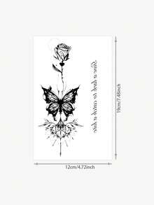 1pc Spinal Dark Rose Butterfly Temporary Tattoo Sticker, Semi-Permanent Waterproof Sweatproof Lasts 1-2 Weeks, Realistic Herbal Juice Effect, Non-Friction, Non-Reflective, Black, Unisex, Applicable To Arms, Chest, Legs, Abdomen, Waist, Fingers, Neck, Spine And Other Areas, Modern Minimalist Body Art - Black - View 3