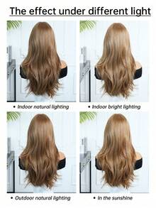 Tóc giả dài 24 inch, kiểu gợn sóng, có mái, chân tóc màu nâu sẫm, tóc giả màu nâu ombre điểm xuyết vàng, tóc giả tổng hợp chịu nhiệt, thích hợp cho sử dụng hàng ngày, dự tiệc, cosplay. - màu nâu - Xem 8