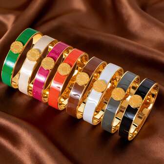 Brazalete de lujo de acero inoxidable chapado en oro con esmalte multicolor y números romanos, de diseño abierto, en tonos neutros adecuados tanto para hombres como para mujeres, excelente regalo de joyería para cumpleaños, fiestas y vacaciones