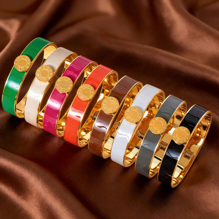 Fashionable Luxury Multicolor Enamel Roman Numeral Bangle, Made Of Stainless Steel Gold Plated With Open Design, Neutral Tones Suitable For Both Men And Women, Excellent Birthday Party Holiday Jewelry Gift - Roman Numeral Bracelet - View 1