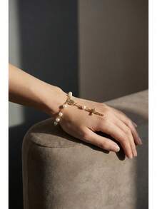 "Cute Faux Pearl Rosary Bracelet With Cross & Virgin Mary Charm - Dainty Religious Spiritual Jewelry For Women Daily Wear" - Pearl - View 8