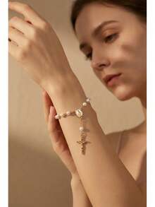 "Cute Faux Pearl Rosary Bracelet With Cross & Virgin Mary Charm - Dainty Religious Spiritual Jewelry For Women Daily Wear" - Pearl - View 6