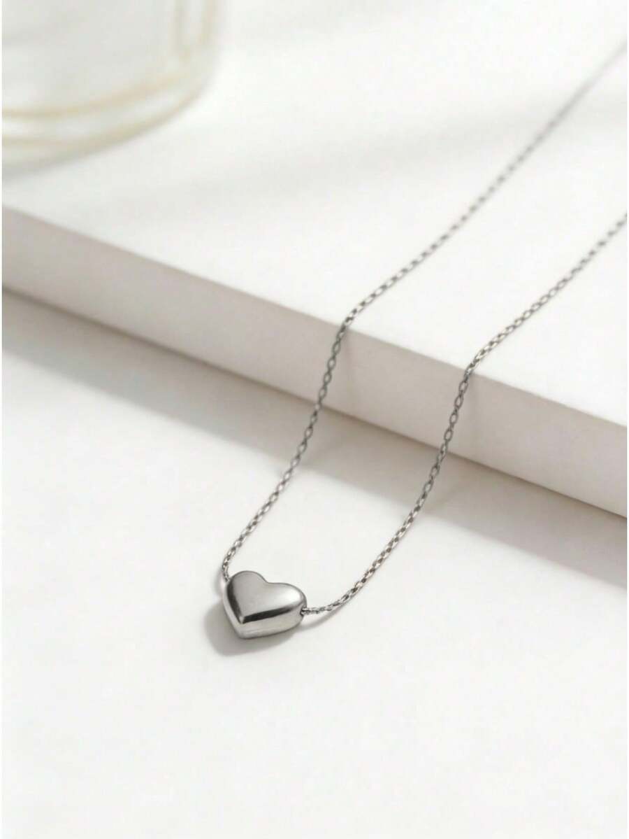 3D Heart Pendant Necklace For Women - Dainty Gold Layering Choker, Coquette Core & Minimalist Everyday Jewelry (Adjustable Chain,  Viral Gift) - Silver - View 1