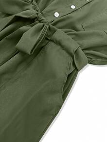 女士优雅连体裤，纯色休闲V领单排扣腰带工装连体裤，系腰直筒裤。适合时尚通勤和浪漫情人节穿着。 - 軍綠色 - 查看 7