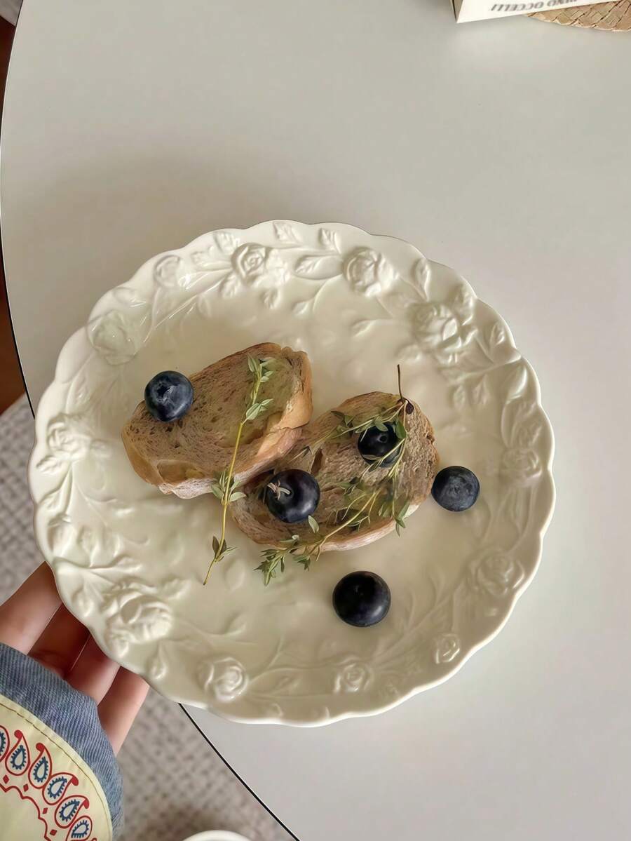 1 件法式浪漫 3D 浮雕玫瑰陶瓷托盘，精致甜点/蛋糕盘，适合下午茶圣诞礼物 - 白色 - 查看 1