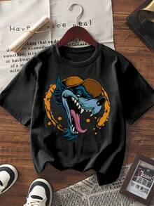 Men's Casual Short Sleeve Graphic Tee Wolf Head Cartoon Print Crew Neck Loose Fit T-Shirt Streetwear Summer  Animal Pattern Top For Daily Wear - 白色 - 查看 6