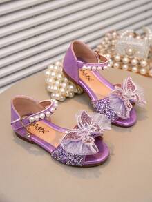 1 đôi dép xăng đan trẻ em đính đá, ngọc trai, nơ, chất liệu PU sần, mũi tròn, thích hợp cho mang hàng ngày, khiêu vũ, hoạt động ngoài trời, lễ hội, tiệc tùng, giày công chúa lấp lánh, phù hợp cho mùa xuân, hè, thu. - Màu tím - Xem 3
