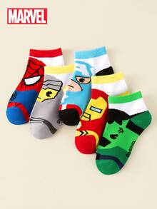 Marvel 1/5/10 Pares Conjunto de Meias, Meias Infantis com Estampa do Homem-Aranha, Homem de Ferro, Thor, Meias com Babado, Meias Listradas de Cano Médio, Meias Curtas para Meninas, Meias Curtas para Meninos, Meias Tornozelo Macias e Respiráveis - Multicolorido - Visão 4