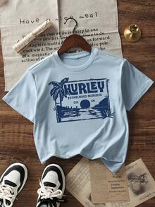 少女休闲印花圆领短袖T恤，夏季上衣 - 淺藍色 - 查看 4