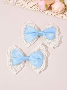 2pcs Blue Lace Hair Bows For Girls Elegant Lace Bow Hair Clips Pink Ribbon Bow Alligator Clips Girls Holiday Wedding Party Headpiece Kids Baby Hair Accessories - Light Blue - View 4