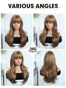 Tóc giả dài 24 inch, kiểu gợn sóng, có mái, chân tóc màu nâu sẫm, tóc giả màu nâu ombre điểm xuyết vàng, tóc giả tổng hợp chịu nhiệt, thích hợp cho sử dụng hàng ngày, dự tiệc, cosplay. - màu nâu - Xem 7