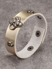 时尚骷髅头合金皮手链，可调节扣环，适合狂欢节、摇滚音乐派对等场合，男女皆宜。