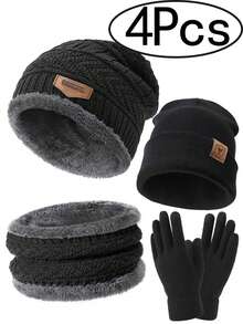 4pcs/Set Winter Knit Hat, Scarf, Touchscreen Gloves Set, Warm Thick Thermal Lined Beanie, Scarf, Gloves - B - View 8