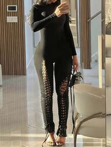 DOUCIU Lace-Up Women's Sexy Hollow Out Long Sleeve Jumpsuit Street Event Outfit - Black - View 4