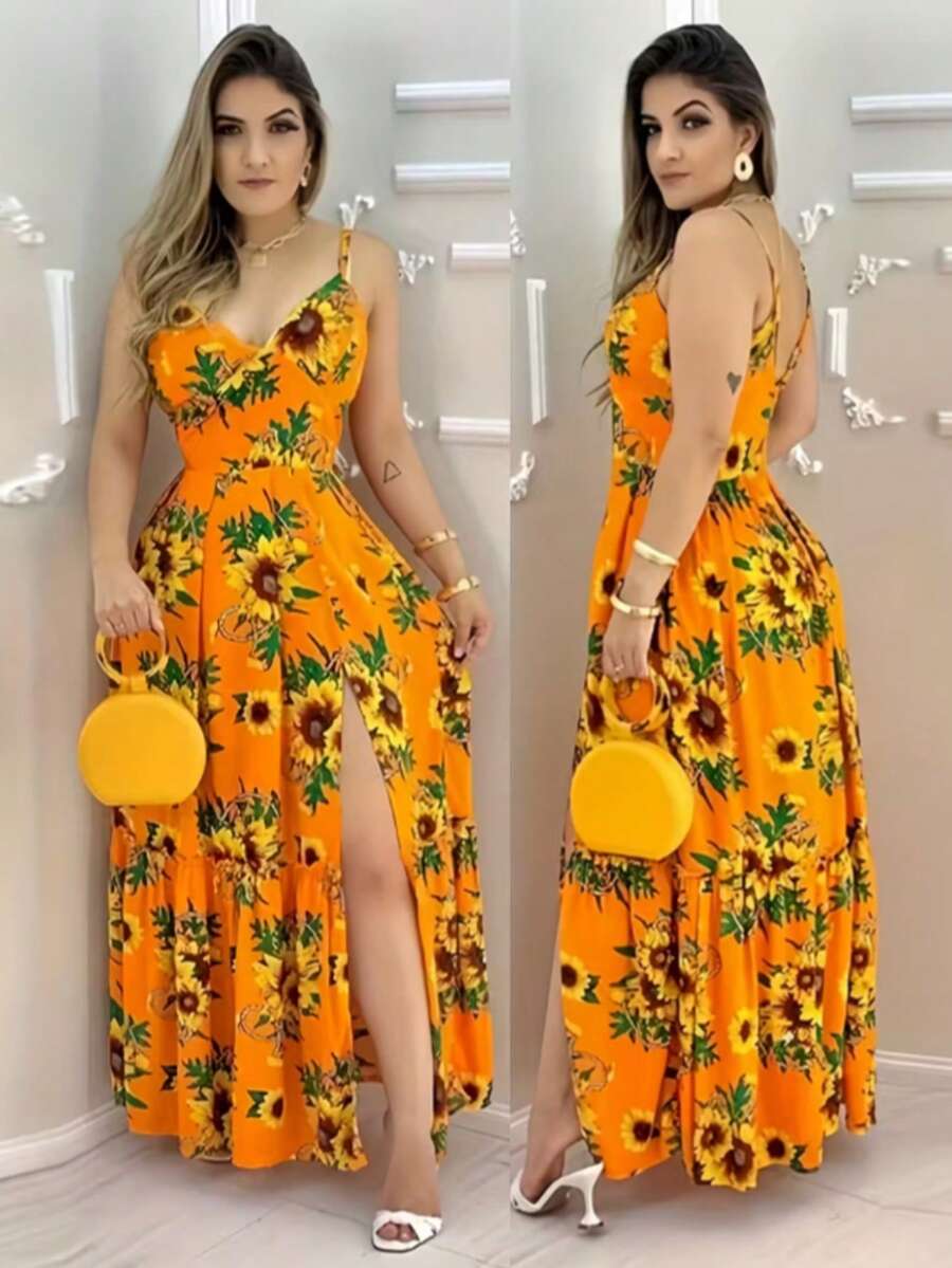 Đầm maxi dài in hoa toàn thân, kiểu dáng bohemian, xẻ tà cao, thích hợp cho tiệc tùng, đi biển hoặc du lịch mùa hè. - trái cam - Xem 1