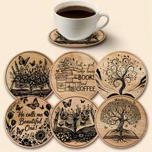 6件套 - 精致咖啡杯垫，圆形木质杯垫 - 生命之树 - 蝴蝶 - 书籍图案，复合木质杯垫，适用于咖啡杯和茶杯，阿拉伯风格派对装饰，家居和餐桌装饰，理想的派对礼物 - 彩色 - 查看 9
