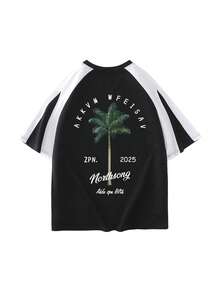 Camiseta de mujer con estampado de letras, estilo casual de parches y contraste de colores, cuello redondo, manga corta. Estilo resort de moda, artículo esencial diario. Camiseta gráfica de mujer, top negro de mujer - Negro - Ver 6