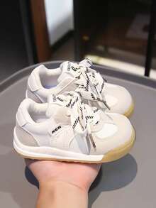 儿童时尚百搭网面透气平底白色运动鞋，休闲轻便舒适，春秋季 - 米色 - 查看 3