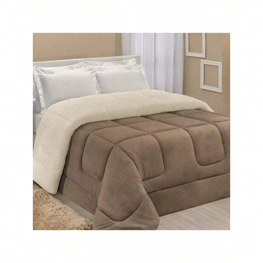 Coberdrom Edredom Sherpa Com Mantinha Cobertor Quarto Casal Queen Grosso Cores 2,40cm x 2,20cm - Caqui - Visão 1