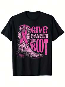 Breast Cancer Awareness Give Cancer The Boot Cowboy Boot & Pink Ribbon Graphic T-Shirt - 100% Cotton 180g Soft Breathable Unisex Tee For Men & Women, S-XXXL Sizes, Casual Rodeo Western Theme, U Gift, Unisex, Hot Selling Items, Soft, Breathable, Lightweight - Crew Neck, Regular Fit - Machine Washable, Comfortable Cotton Crew Neck Short Sleeve Graphic Print T-Shirt, Black, Sizes S To XXXL, Casual Wear - 黑色 - 查看 1