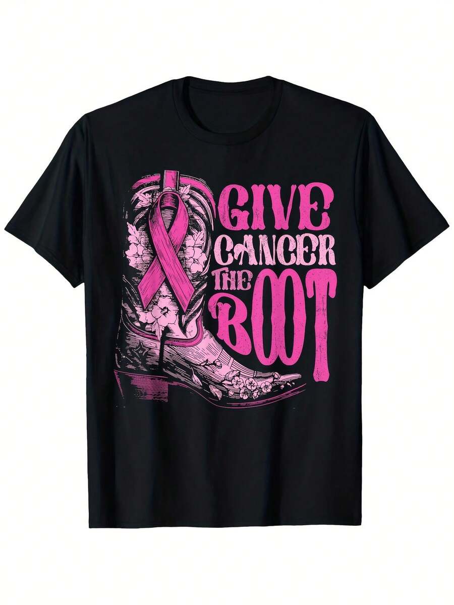 Breast Cancer Awareness Give Cancer The Boot Cowboy Boot & Pink Ribbon Graphic T-Shirt - 100% Cotton 180g Soft Breathable Unisex Tee For Men & Women, S-XXXL Sizes, Casual Rodeo Western Theme, U Gift, Unisex, Hot Selling Items, Soft, Breathable, Lightweight - Crew Neck, Regular Fit - Machine Washable, Comfortable Cotton Crew Neck Short Sleeve Graphic Print T-Shirt, Black, Sizes S To XXXL, Casual Wear - 黑色 - 查看 1