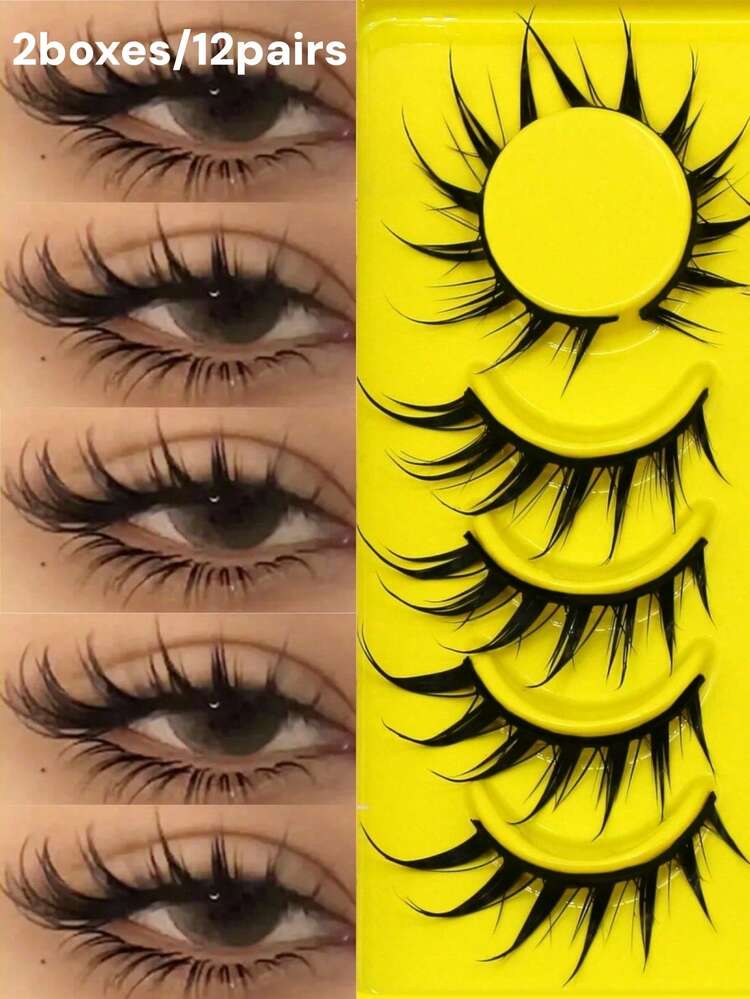 6/7 pár nedves rókaszem anime műszempilla, cosplay szempillák, vastag, göndör, nedves szempillák, sminkeszközök - Fekete - View 14