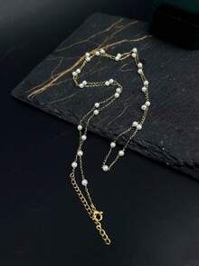 1 件金色不锈钢 18K 镀层链条配人造珍珠长项链，优雅奢华风格，适合日常佩戴 - 金色 - 查看 7