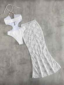 Bộ 2 bộ bikini một mảnh hở lưng phối ren đính hạt thanh lịch, trang phục đi nghỉ cho mùa xuân/hè - trắng - Xem 3