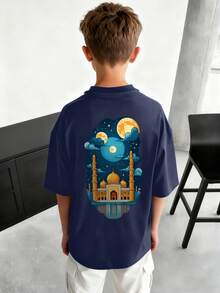Camiseta de manga corta con cuello redondo y estampado casual para niños preadolescentes durante el Ramadán, top de verano - Azul Marino - Ver 8