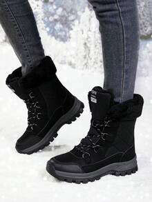 大码女式高帮防滑加厚羊毛冬靴 女式冬靴 女式保暖过膝靴 女式中筒靴 女式户外徒步靴 女式加厚羊毛运动靴 女式时尚系带黑色雪地靴 - 黑 - 查看 6