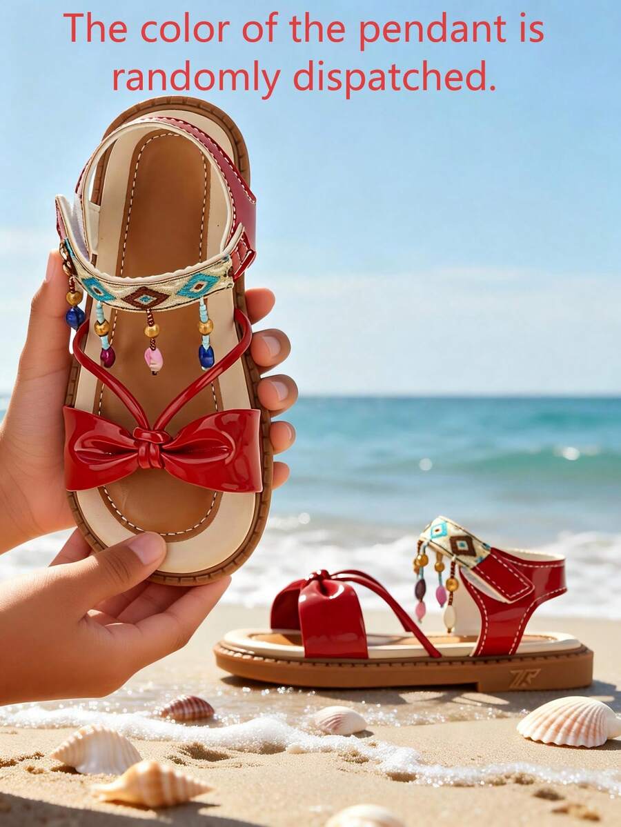 2026 Spring Summer Holiday Couture Edition Metallic Gold Color Geometric Embroidery Strap Random Mystery Box Pendant Decor Elastic Heel Strap Skin-Friendly Soft Lining Non-Slip Beach Tread Sole Open Toe - Red - View 1