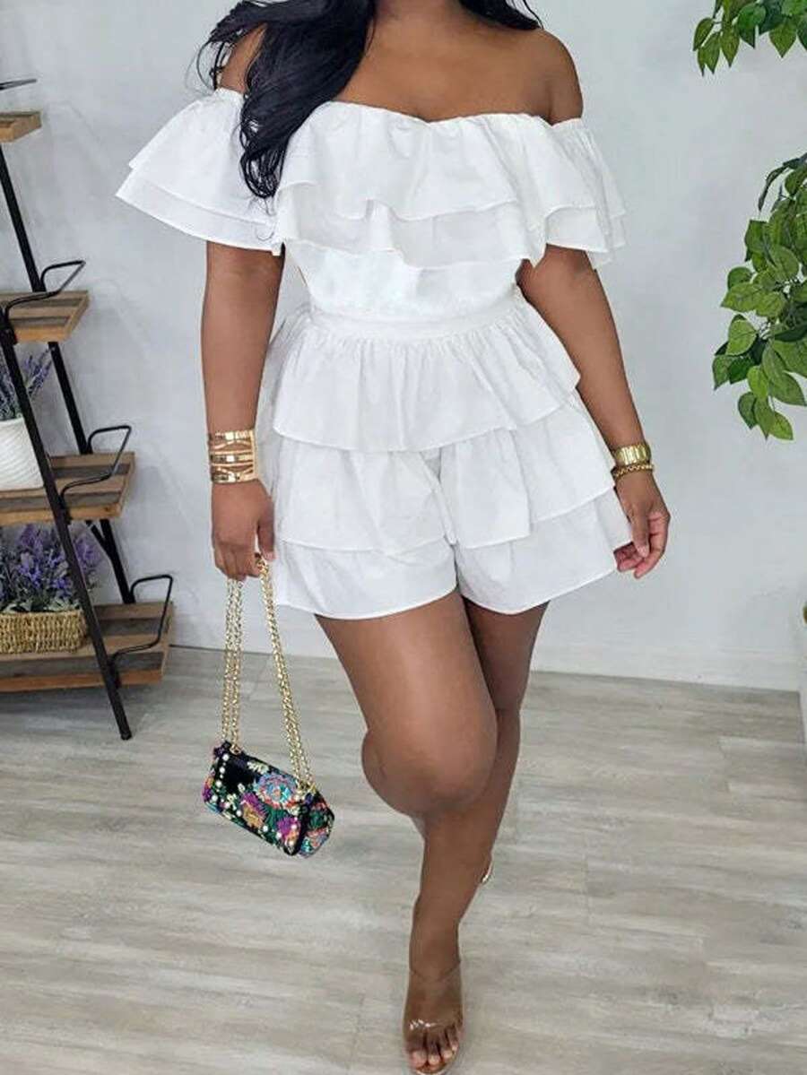 1pc Solid Color Ruffle/Frill Tie-Front Multi-Layered Asymmetric Jumpsuit, Suitable For School, Party, Stage, Concert, All Seasons White Elegant Summer
