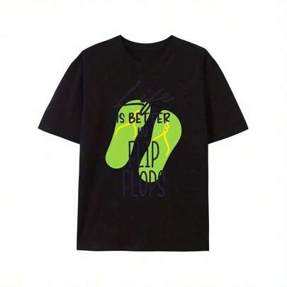 1pc La vida mejor en chanclas - Camiseta cómoda de verano, camiseta gráfica vintage para hombres, camiseta de manga corta de ajuste regular% algodón para salidas casuales y uso diario, ropa de estilo urbano, impresión duradera