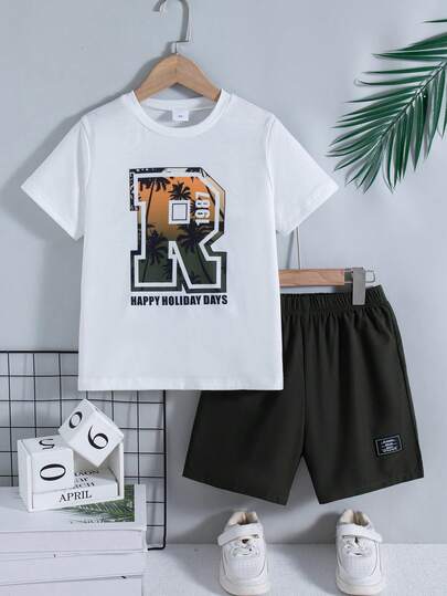 2pcs/Set Boys' Casual Outgoing Fashion Printed Short Sleeve Top And Solid Color Decorative Shorts Set, Summer