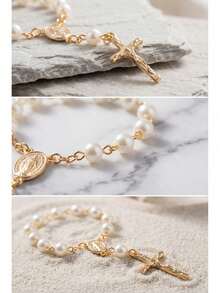 "Cute Faux Pearl Rosary Bracelet With Cross & Virgin Mary Charm - Dainty Religious Spiritual Jewelry For Women Daily Wear" - Pearl - View 4