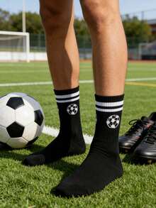1/10双装男女通用黑白条纹足球中筒袜，休闲舒适，柔软亲肤，适合日常穿着、运动、旅行、学院风搭配，四季皆宜。 - 黑與白 - 查看 3