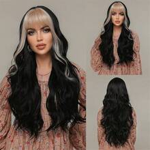 Peluca rubia ombre con flequillo, peluca larga y rizada ondulada ombre, peluca de cabello sintético para uso diario, fiestas, disfraces y cosplay - Peluca negra con flequillo rubio - Ver 7