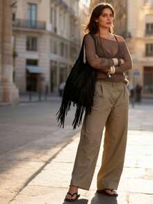 Áo khoác ngoài dáng rộng, khoét lỗ, thiết kế mới mùa Xuân/Hè của VIBEWAVE dành cho nữ. - màu nâu - Xem 3