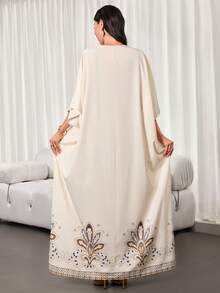 Vestido estampado de color albaricoque para mujer - Casual y elegante, cuello redondo, manga de murciélago, sin estiramiento, primavera/verano, adecuado para uso diario y vestido elegante de Año Nuevo para damas - Albaricoque - Ver 2