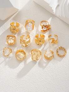 14/12/3pcs Set Asymmetrical Shaped Faux Pearl Flower, Geometric, Liquid, Round, Hollow, Multilayer Metal Textured Rings, Oversized, Chunky, Fashionable, Elegant, Vintage, Suitable For Holiday, Party, Date, Gift, Daily Wear - 12PC - View 4