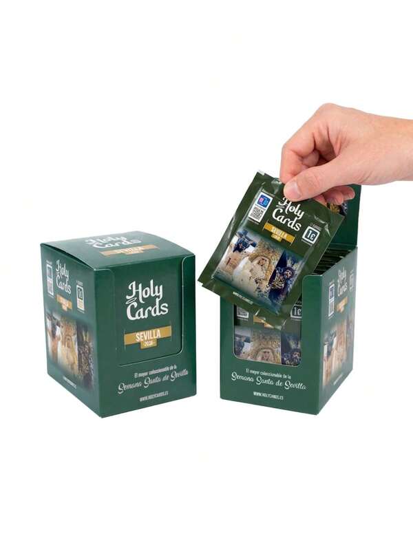 Caja HolyCards/Caja+Album Holycards Sevilla 2026 con 50 sobres oficiales, cada uno con 7 cromos, dedicados a la Semana Santa de Sevilla ,formato ideal para avanzar en la colección oficial dedicada a la Semana Santa de Sevilla