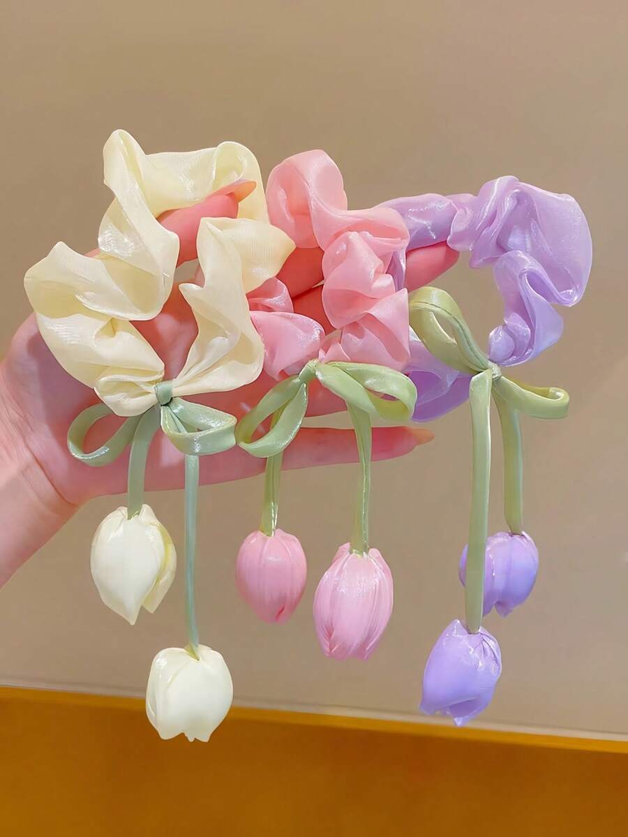 3个新款郁金香造型发圈，甜美女孩发绳，适合扎马尾辫、丸子头、双马尾辫 - 彩色 - 查看 1