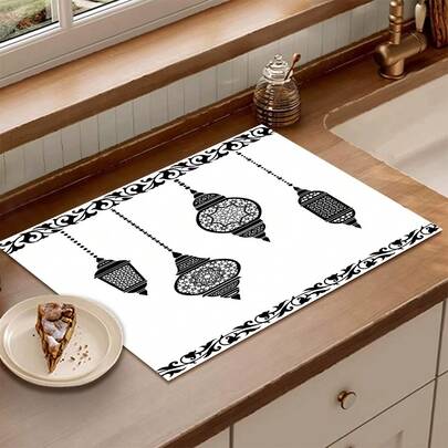 1件斋月灯笼图案吸水沥水垫，厨房装饰咖啡机垫，手工咖啡壶沥水垫，厨房地垫，餐桌垫，厨房台面餐具沥水垫，早餐垫，防滑耐热沥水垫，硅藻土沥水垫，遮盖污渍，超强吸水厨房垫，易清洁碗碟架垫，适用于厨房、餐桌、咖啡馆、酒吧、节日、派对、家居装饰、节日礼物