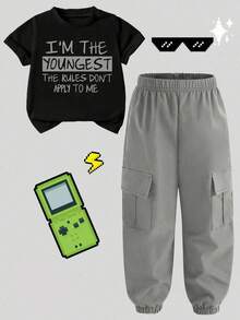 Tween Boy Letter Graphic Print Short Sleeve Tee And Cargo Pants Set - Black - View 1