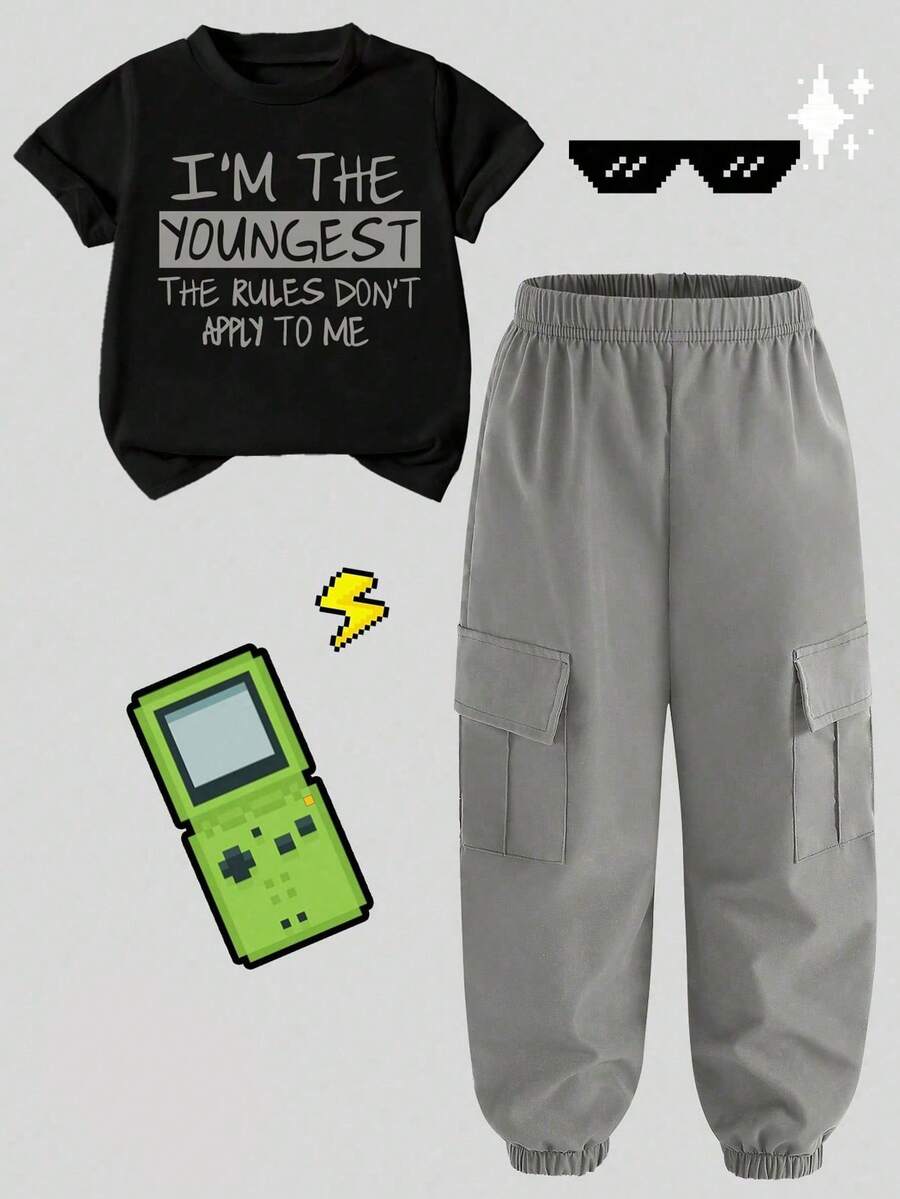 Tween Boy Letter Graphic Print Short Sleeve Tee And Cargo Pants Set - Black - View 1