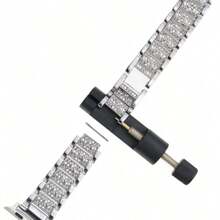 Metal Rhinestone Watch Band, Compatible With Apple Watch Series 1/2/3/4/5/6/7/8/9/10/SE/Ultra, Fits 38mm 40mm 41mm 42mm 44mm 45mm 49mm, Elegant & Fashionable, Design, Comes With Adjustment Tool - Silver - View 5