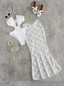 Bộ 2 bộ bikini một mảnh hở lưng phối ren đính hạt thanh lịch, trang phục đi nghỉ cho mùa xuân/hè - trắng - Xem 2