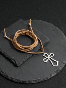 1件INS风卡其色蝴蝶结丝带十字架吊坠项链，女士系带颈链配饰 - 銀色 - 查看 4