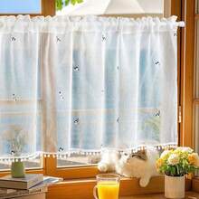 1pc Wheat Ear Embroidered Cafe Curtain, Fresh Pastoral Style Wheat Ear With Ruffle Edge Cafe Curtain, Suitable For Kitchen Cabinet, Bay Window, Doorway, Room Divider, Home Decor